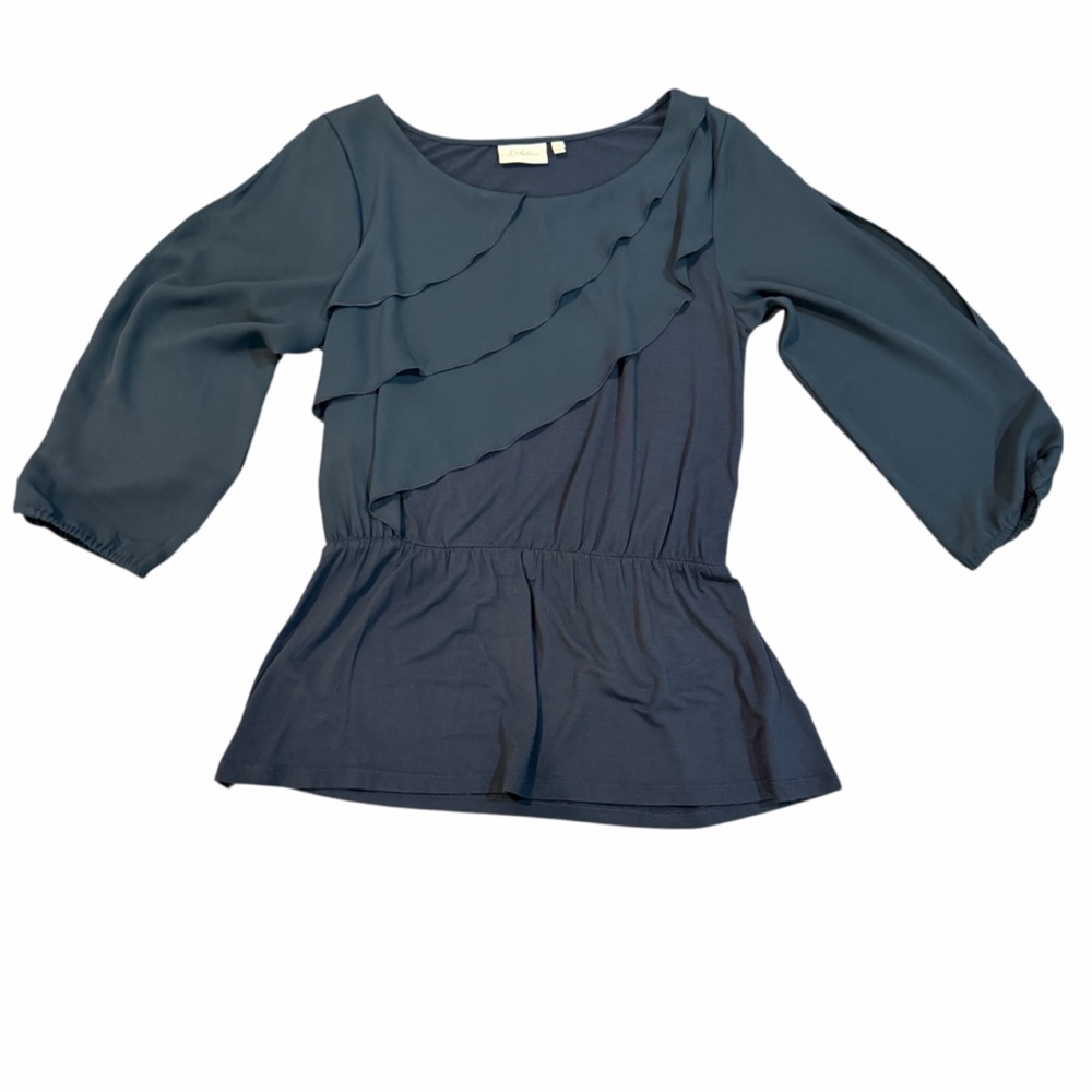 Deletta Anthropologie Navy‎ Ruffle Slit Sleeve Top Size Small